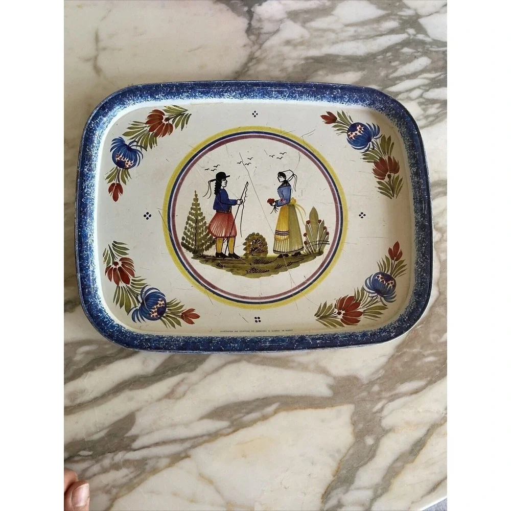 Vintage Enamel‎ Serving Tray Folk Art Scene Blue Floral Border
